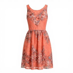 Love, Fire Coral Floral Lace Fit & Flare Dress – Size Small (NWOT)